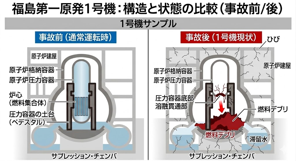 福島第一原発一号機：構造と状態の比較